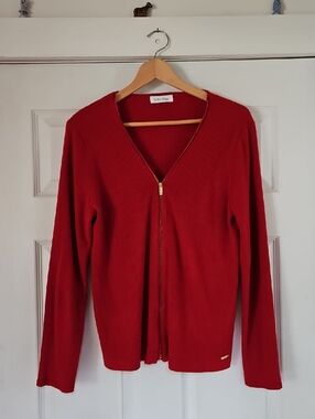 Calvin Klein Red Zip-Front Tomato Red Women's Cardigan Sweater L